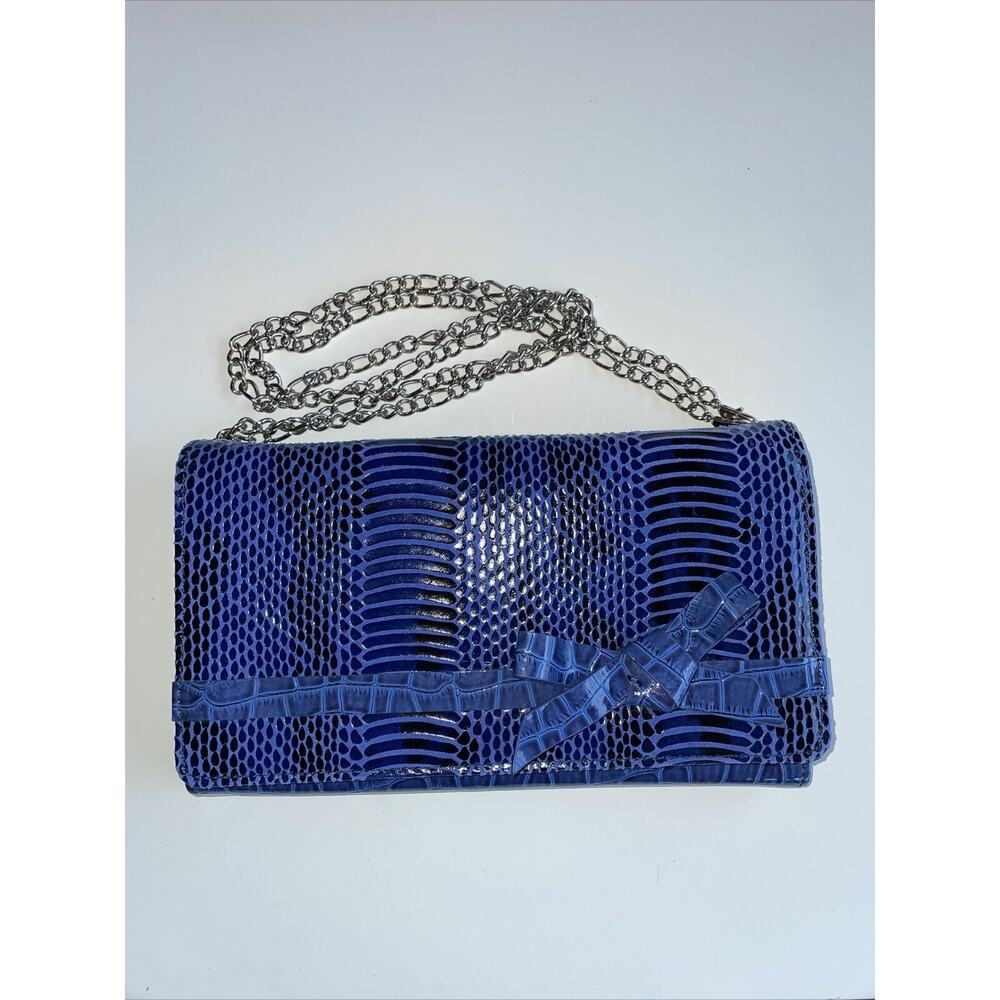 White House Black Market Blue Clutch Wallet Purse Bag, Chain, Faux Crocodile